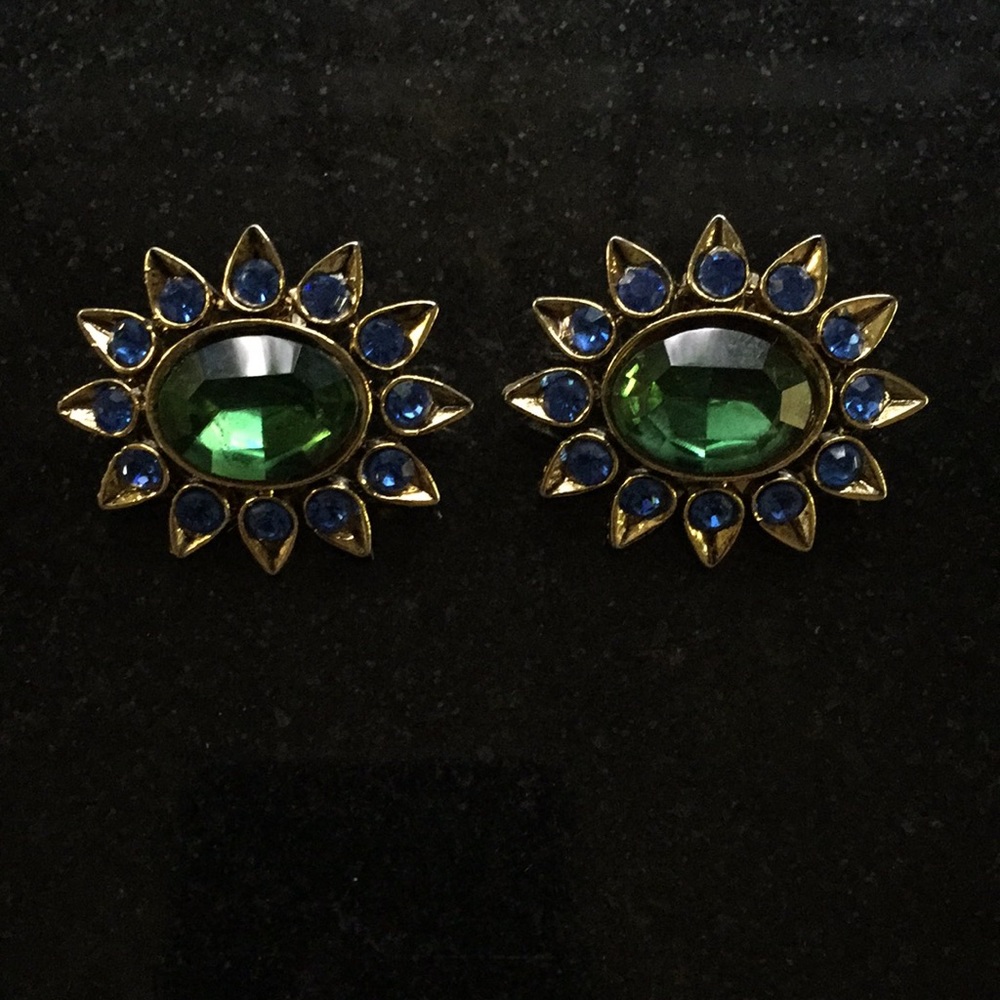 Vintage costume clip earrings in gold tone, green, & blue